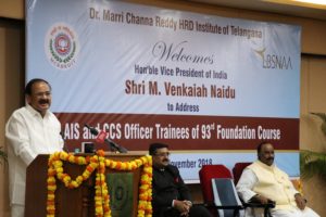 M. Venkaiah Naidu, Hon'ble Vice President, addressing Trainee Civil Servants. Sri B.P. Acharya, IAS, DG of the Institute and Sri N. Narasimha Reddy, Hon'ble Home Minister are seen in the picture (1)