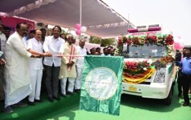 Photos of Dr. C. Laxma Reddy, Hon'ble Minister for Health is seen flag off new 108 Ambulances at Nizam College Grounds, Hyderabad