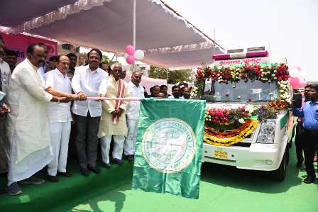 Photos of Dr. C. Laxma Reddy, Hon'ble Minister for Health is seen flag off new 108 Ambulances at Nizam College Grounds, Hyderabad