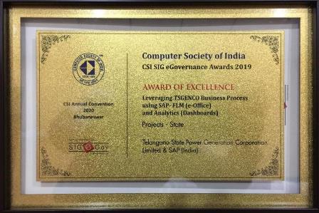 TSGENCO again Honoured with CSI SIG e-Governance Award of Excellence